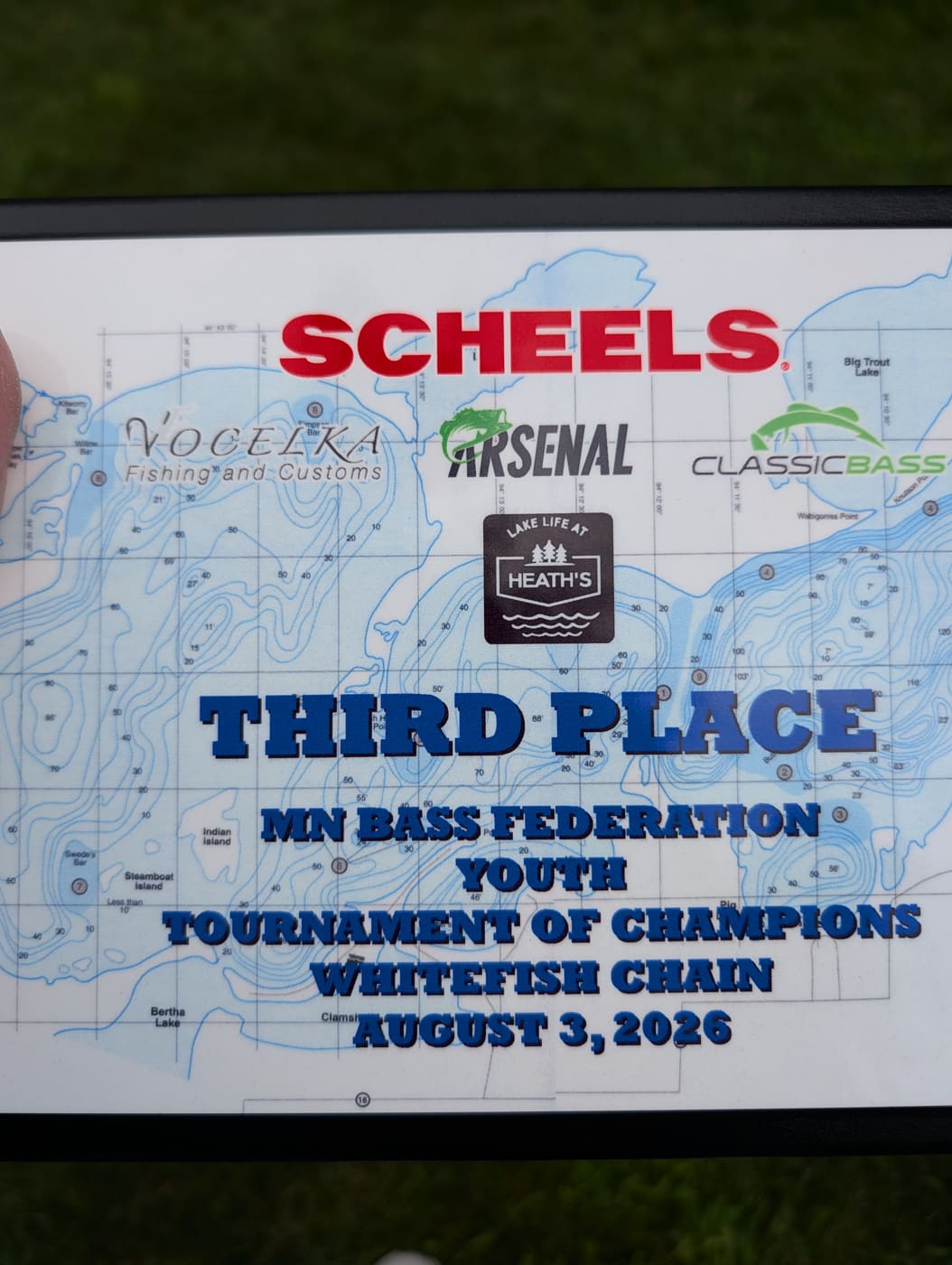 Third place plaque — MN Bass Federation Youth Tournament of Champions, Whitefish Chain, August 3 2026